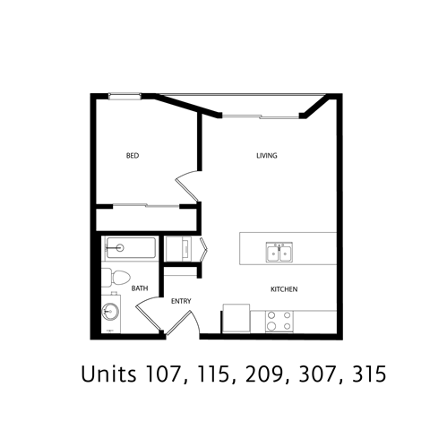Floor plan for 1 bed, 1 bath, 523 sqft